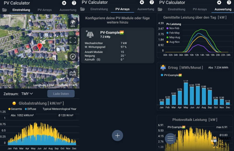 Überblick über die Funktionen in der PV Calculator App